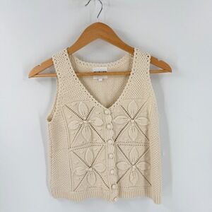 Willow & Wind Button Front Knit Vest Cream Small Boho Floral Pointelle Crochet
